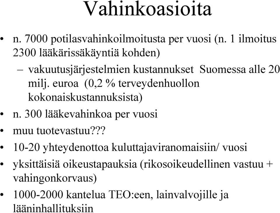 euroa (0,2 % terveydenhuollon kokonaiskustannuksista) n. 300 lääkevahinkoa per vuosi muu tuotevastuu?