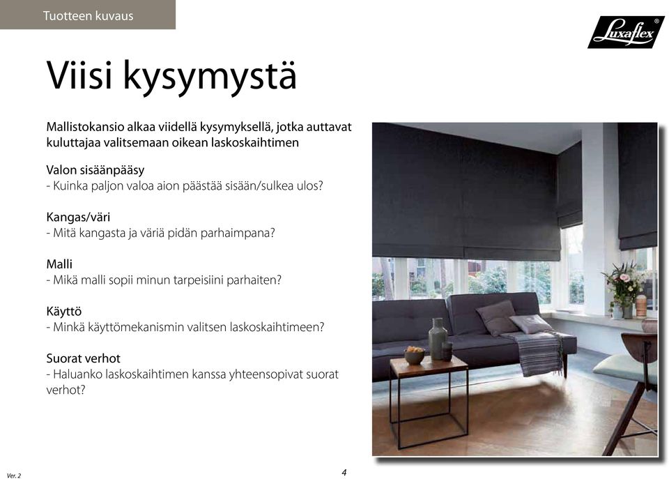 Kangas/väri - Mitä kangasta ja väriä pidän parhaimpana? Malli - Mikä malli sopii minun tarpeisiini parhaiten?