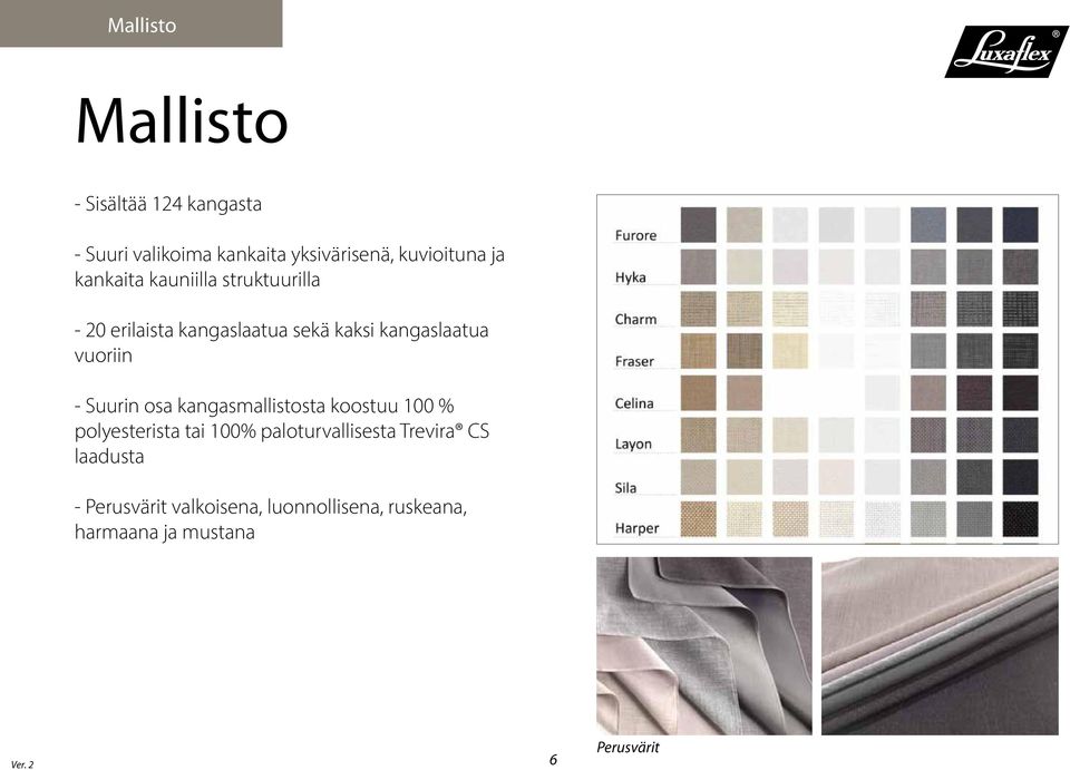 vuoriin - Suurin osa kangasmallistosta koostuu 100 % polyesterista tai 100% paloturvallisesta