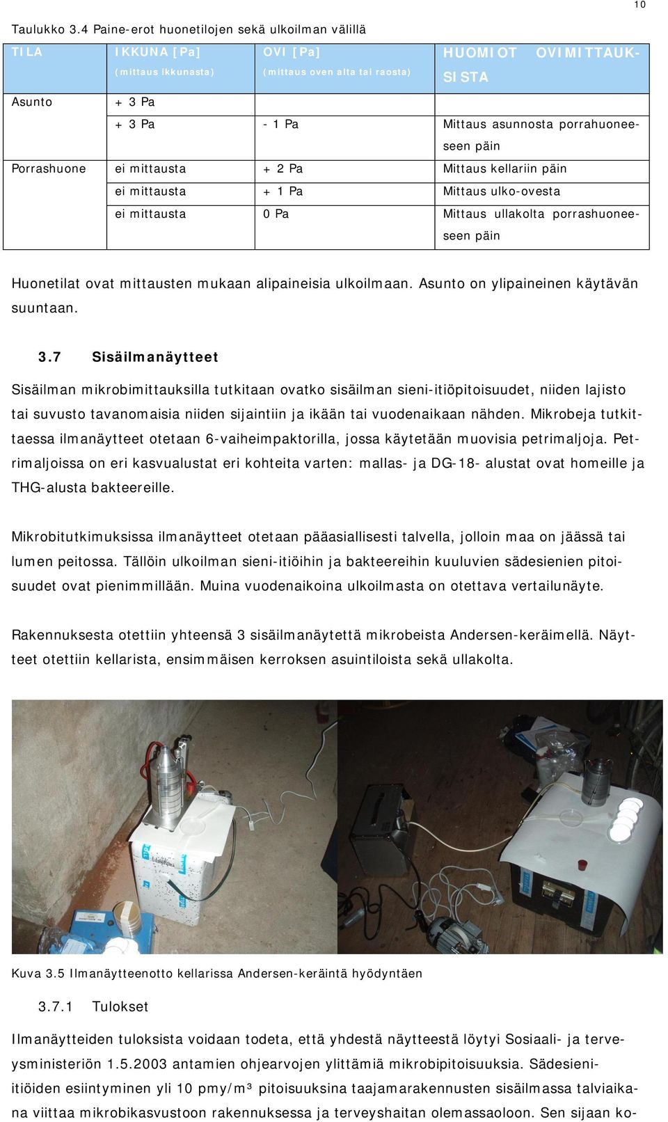 porrahuoneeseen päin Porrashuone ei mittausta + 2 Pa Mittaus kellariin päin ei mittausta + 1 Pa Mittaus ulko-ovesta ei mittausta 0 Pa Mittaus ullakolta porrashuoneeseen päin Huonetilat ovat