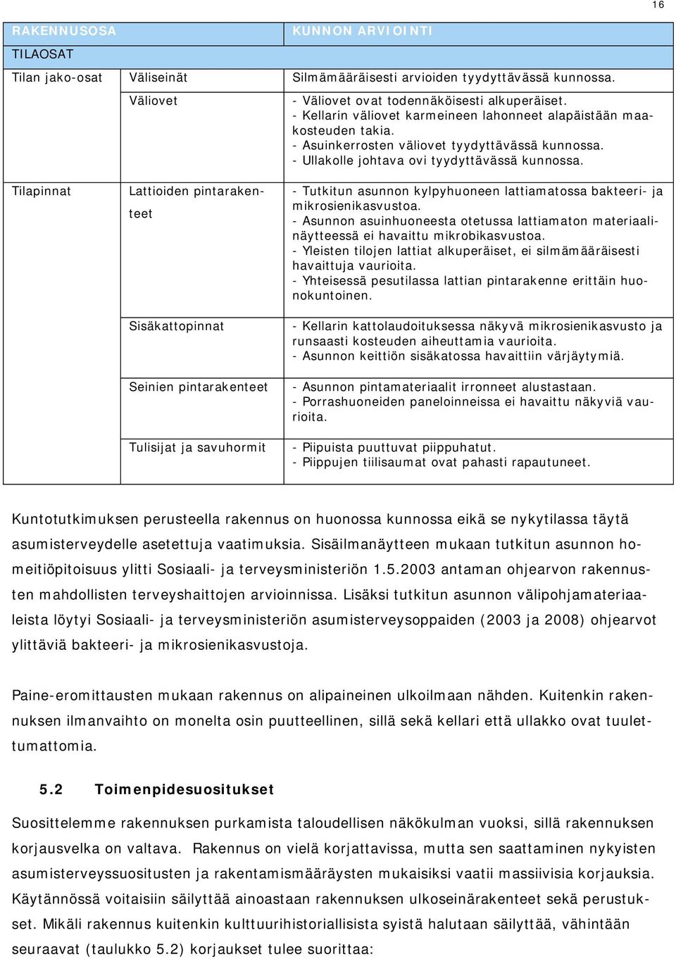 16 Tilapinnat Lattioiden pintarakenteet Sisäkattopinnat Seinien pintarakenteet Tulisijat ja savuhormit - Tutkitun asunnon kylpyhuoneen lattiamatossa bakteeri- ja mikrosienikasvustoa.