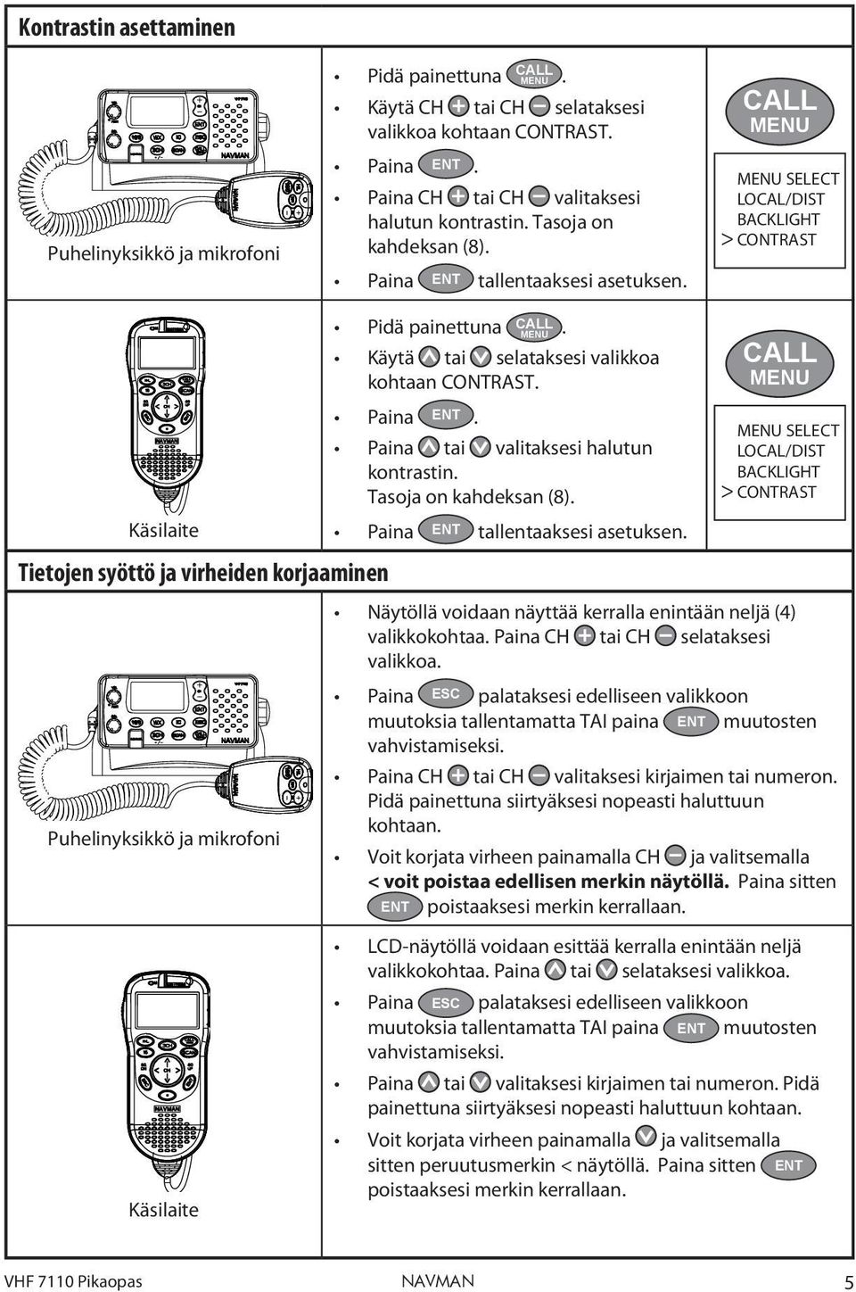 CALL MENU MENU SELECT LOCAL/DIST BACKLIGHT > CONTRAST Käsilaite Tietojen syöttö ja virheiden korjaaminen Puhelinyksikkö ja mikrofoni Pidä painettuna CALL MENU.