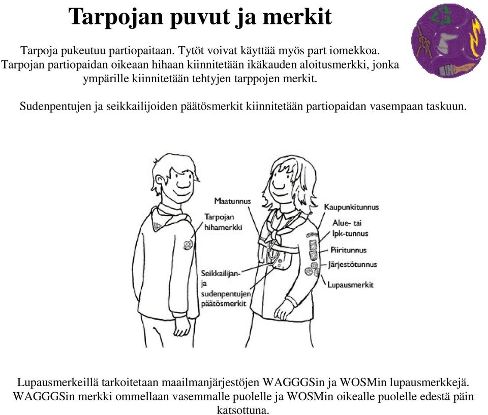 merkit. Sudenpentujen ja seikkailijoiden päätösmerkit kiinnitetään partiopaidan vasempaan taskuun.