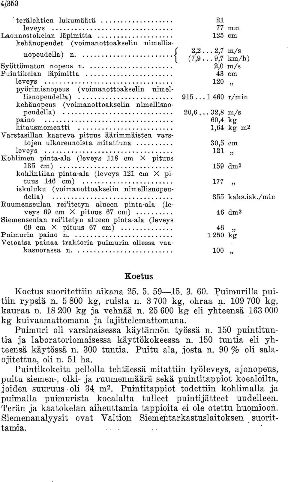 .. 1 460 r/min kehänopeus (voimanottoakselin nimellisnopeudella) 20,6, 32,8 m/s paino 60,4 kg hitausmomentti 1,64 kg m2 Varstasillan kaareva pituus äärimmäisten varstojen.