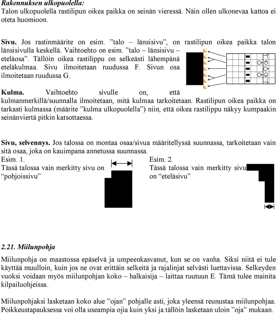 Sivu ilmoitetaan ruudussa F. Sivun osa ilmoitetaan ruudussa G. Kulma. Vaihtoehto sivulle on, että kulmanmerkillä/suunnalla ilmoitetaan, mitä kulmaa tarkoitetaan.