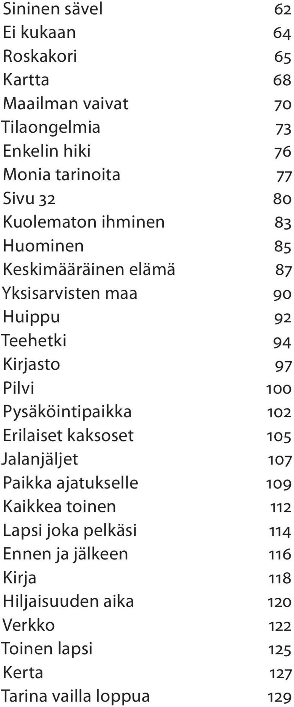 Pilvi 100 Pysäköintipaikka 102 Erilaiset kaksoset 105 Jalanjäljet 107 Paikka ajatukselle 109 Kaikkea toinen 112 Lapsi joka