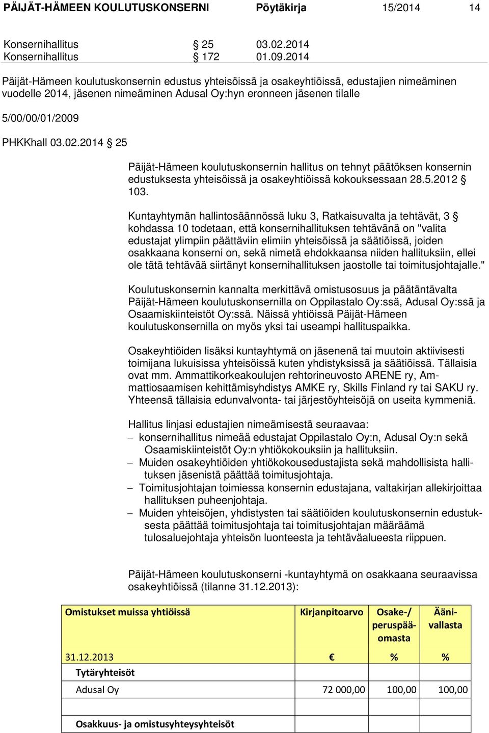 02.2014 25 Päijät-Hämeen koulutuskonsernin hallitus on tehnyt päätöksen konsernin edustuksesta yhteisöissä ja osakeyhtiöissä kokouksessaan 28.5.2012 103.