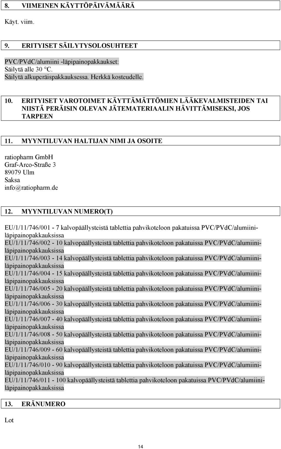 MYYNTILUVAN HALTIJAN NIMI JA OSOITE ratiopharm GmbH Graf-Arco-Straße 3 89079 Ulm Saksa info@ratiopharm.de 12.