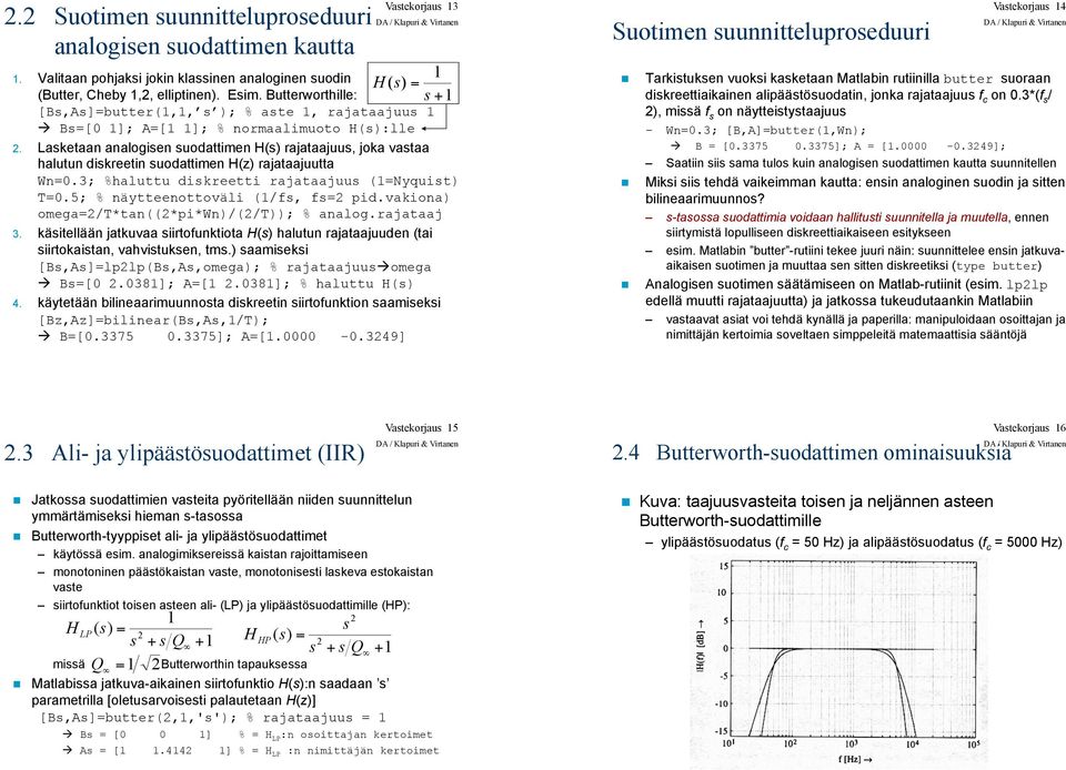 Lasketaan analogisen suodattimen H(s) rajataajuus, joka vastaa halutun diskreetin suodattimen H(z) rajataajuutta Wn.3; %haluttu diskreetti rajataajuus (1Nyquist) T.5; % näytteenottoväli (1/fs, fs pid.