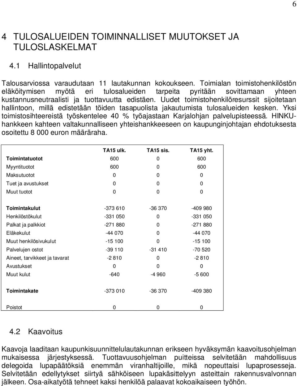 Uudet toimistohenkilöresurssit sijoitetaan hallintoon, millä edistetään töiden tasapuolista jakautumista tulosalueiden kesken.