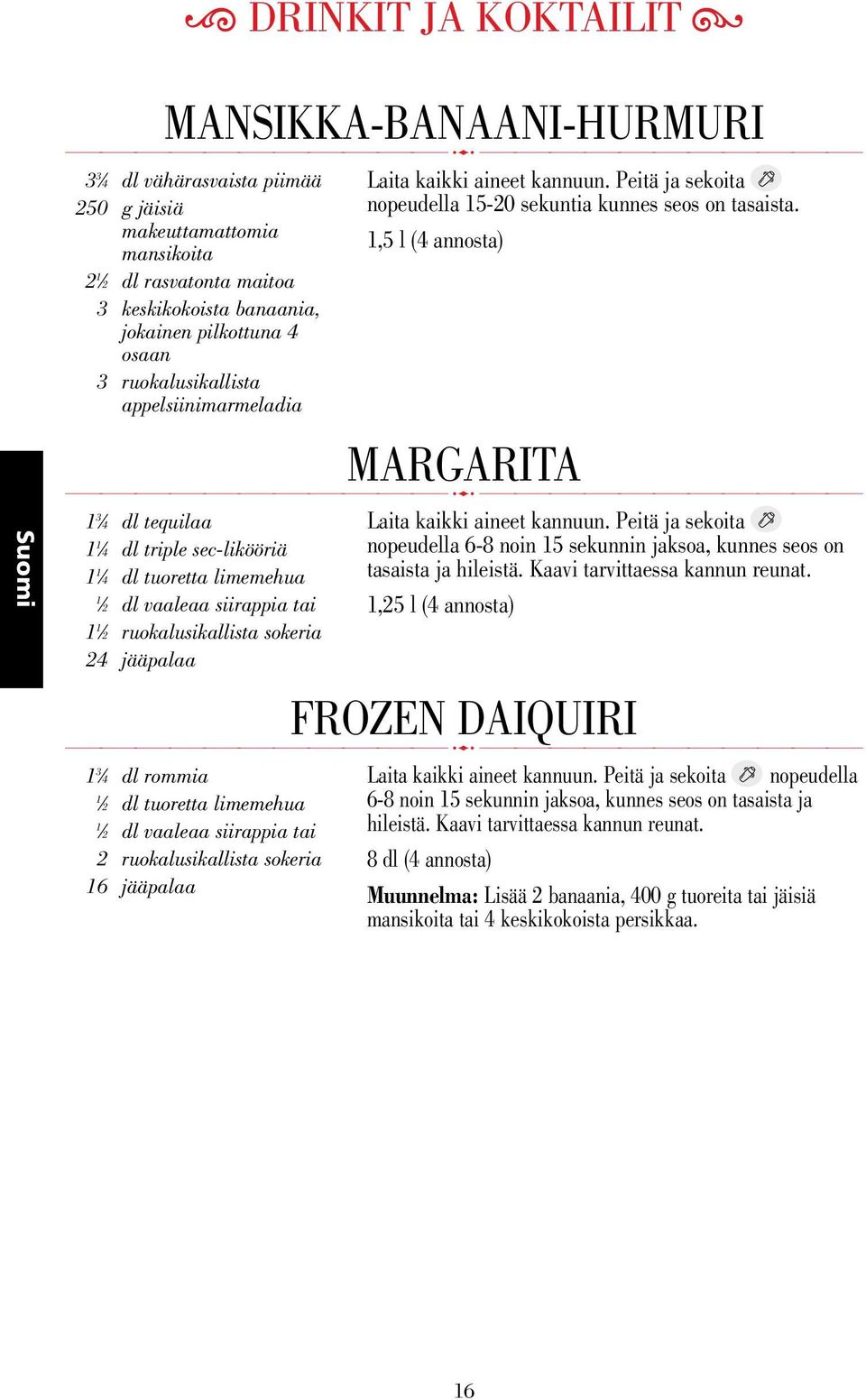 ,5 l ( annosta) 3 dl tequilaa dl triple sec-likööriä dl tuoretta limemehua 2 dl vaaleaa siirappia tai 2 ruokalusikallista sokeria 2 jääpalaa 3 dl rommia 2 dl tuoretta limemehua 2 dl vaaleaa siirappia