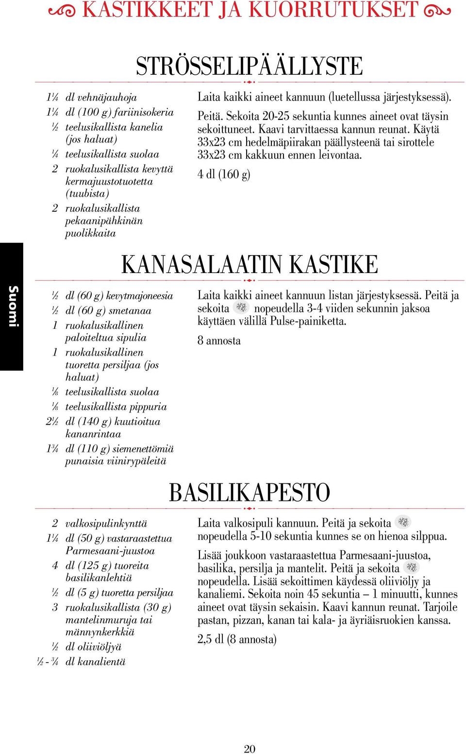 teelusikallista suolaa 8 teelusikallista pippuria 2 2 dl (0 g) kuutioitua kananrintaa 3 dl (0 g) siemenettömiä punaisia viinirypäleitä STRÖSSELIPÄÄLLYSTE Laita kaikki aineet kannuun (luetellussa
