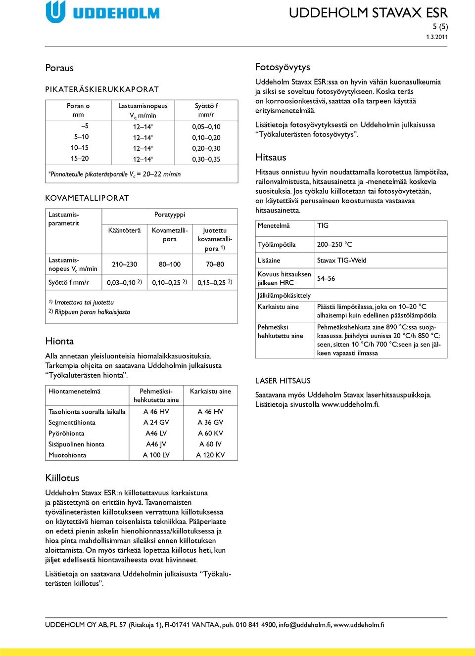 halkaisijasta Hionta Alla annetaan yleisluonteisia hiomalaikkasuosituksia. Tarkempia ohjeita on saatavana Uddeholmin julkaisusta Työkaluterästen hionta.