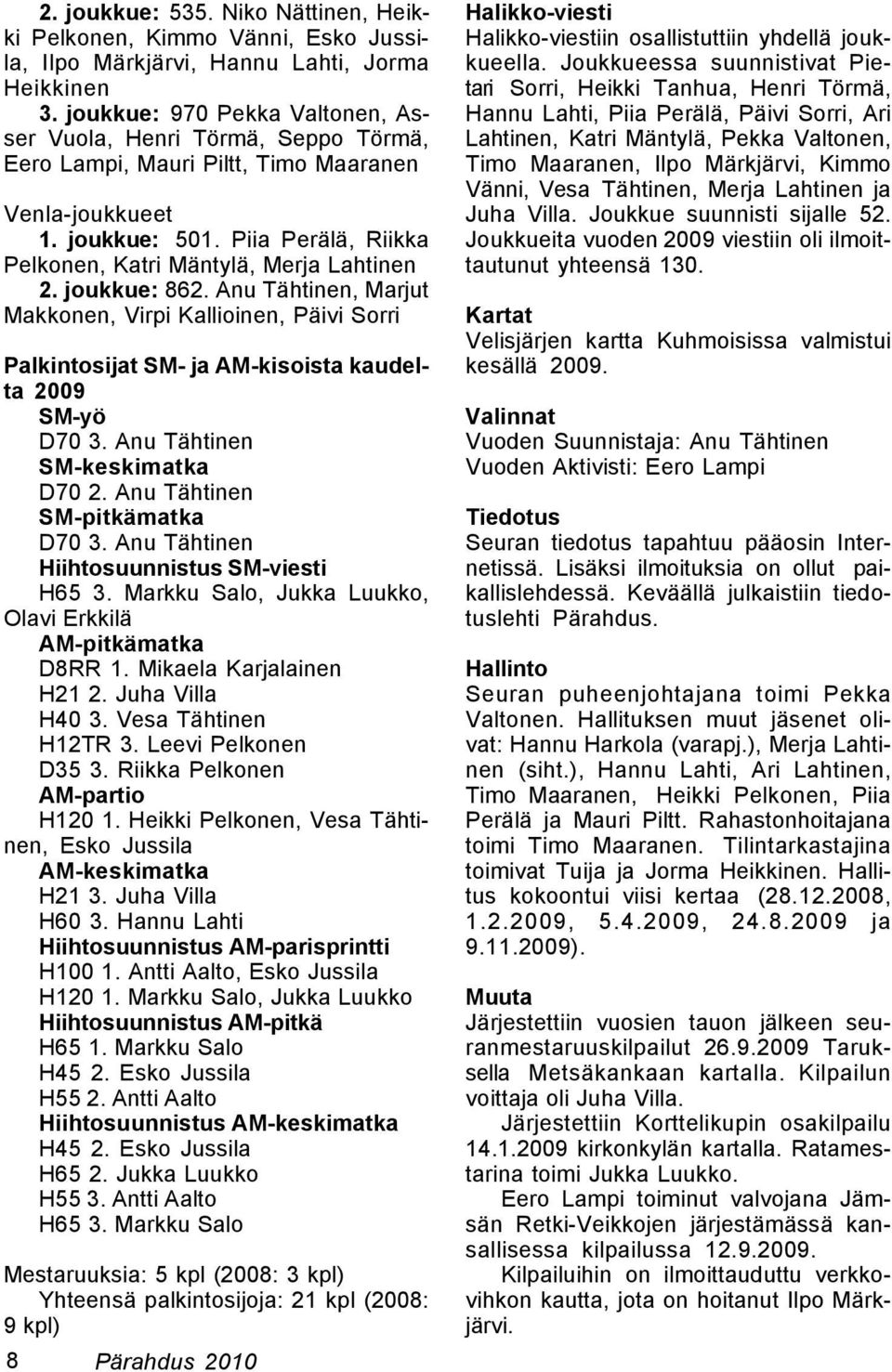 Piia Perälä, Riikka Pelkonen, Katri Mäntylä, Merja Lahtinen 2. joukkue: 862. Anu Tähtinen, Marjut Makkonen, Virpi Kallioinen, Päivi Sorri Palkintosijat SM- ja AM-kisoista kaudelta 2009 SM-yö D70 3.