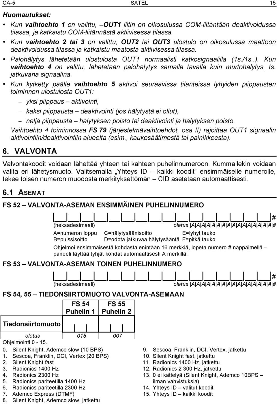 Palohälytys lähetetään ulostulosta OUT1 normaalisti katkosignaalilla (1s./1s..). Kun vaihtoehto 4 on valittu, lähetetään palohälytys samalla tavalla kuin murtohälytys, ts. jatkuvana signaalina.
