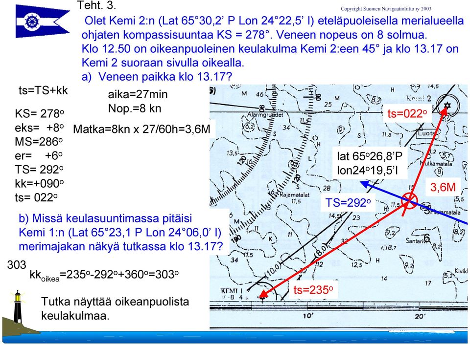 50 on oikeanpuoleinen keulakulma Kemi 2:een 45 ja klo 13.17 on Kemi 2 suoraan sivulla oikealla. a) Veneen paikka klo 13.17? aika=27min Nop.