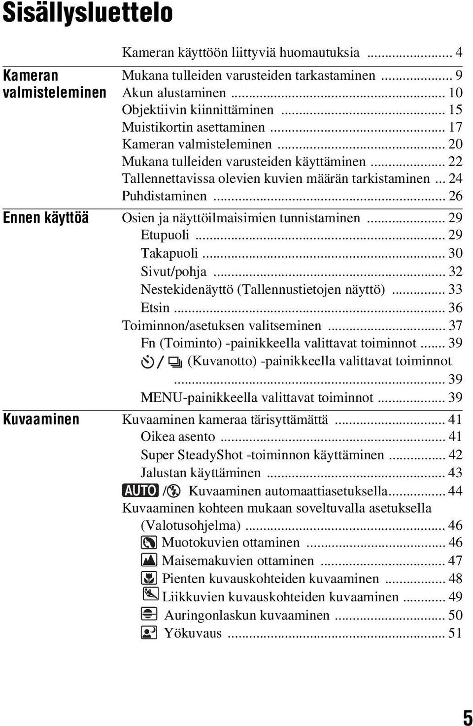 .. 26 Ennen käyttöä Osien ja näyttöilmaisimien tunnistaminen... 29 Etupuoli... 29 Takapuoli... 30 Sivut/pohja... 32 Nestekidenäyttö (Tallennustietojen näyttö)... 33 Etsin.