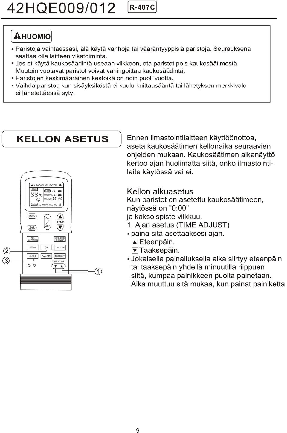 lähetyksen merkkivalo ei lähetettäessä syty KELLON ASETUS Ennen ilmastointilaitteen käyttöönottoa, aseta kaukosäätimen kellonaika seuraavien ohjeiden mukaan Kaukosäätimen aikanäyttö kertoo ajan