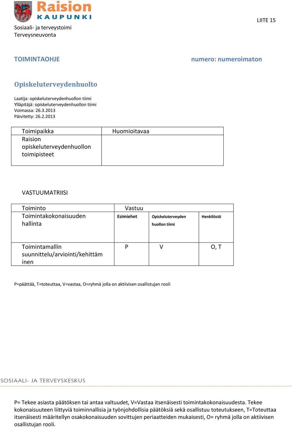 .3.2013 Päivitetty: 26.2.2013 Toimipaikka Raision opiskeluterveydenhuollon toimipisteet Huomioitavaa VASTUUMATRIISI Toiminto Toimintakokonaisuuden hallinta Vastuu Esimiehet Opiskeluterveyden huollon