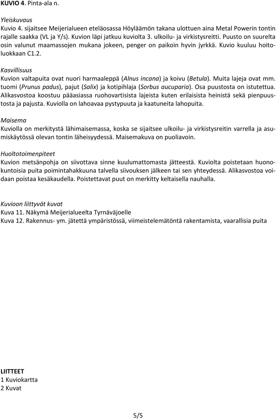 Kuvion valtapuita ovat nuori harmaaleppä (Alnus incana) ja koivu (Betula). Muita lajeja ovat mm. tuomi (Prunus padus), pajut (Salix) ja kotipihlaja (Sorbus aucuparia). Osa puustosta on istutettua.