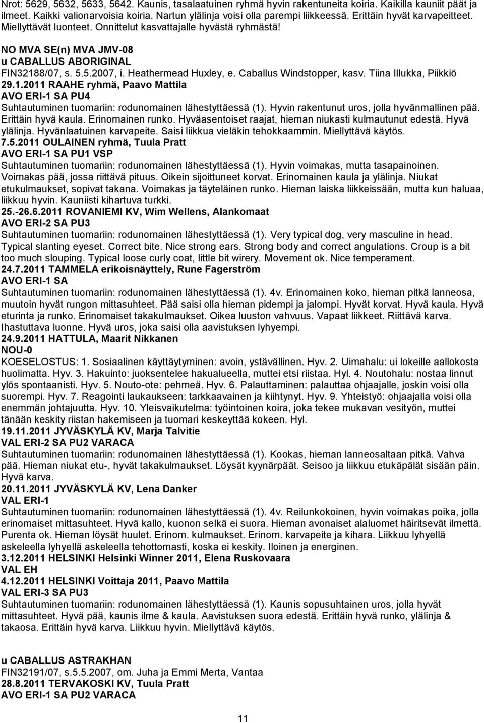 Caballus Windstopper, kasv. Tiina Illukka, Piikkiö 29.1.2011 RAAHE ryhmä, Paavo Mattila AVO ERI-1 SA PU4 Suhtautuminen tuomariin: rodunomainen lähestyttäessä (1).