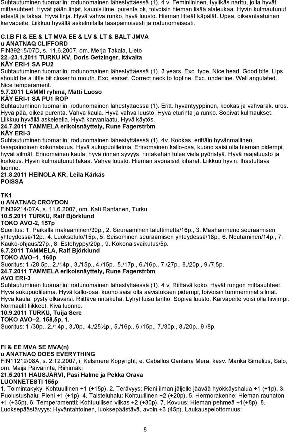 C.I.B FI & EE & LT MVA EE & LV & LT & BALT JMVA u ANATNAQ CLIFFORD FIN39215/07D, s. 11.6.2007, om. Merja Takala, Lieto 22.-23.1.2011 TURKU KV, Doris Getzinger, Itävalta KÄY ERI-1 SA PU2 Suhtautuminen tuomariin: rodunomainen lähestyttäessä (1).