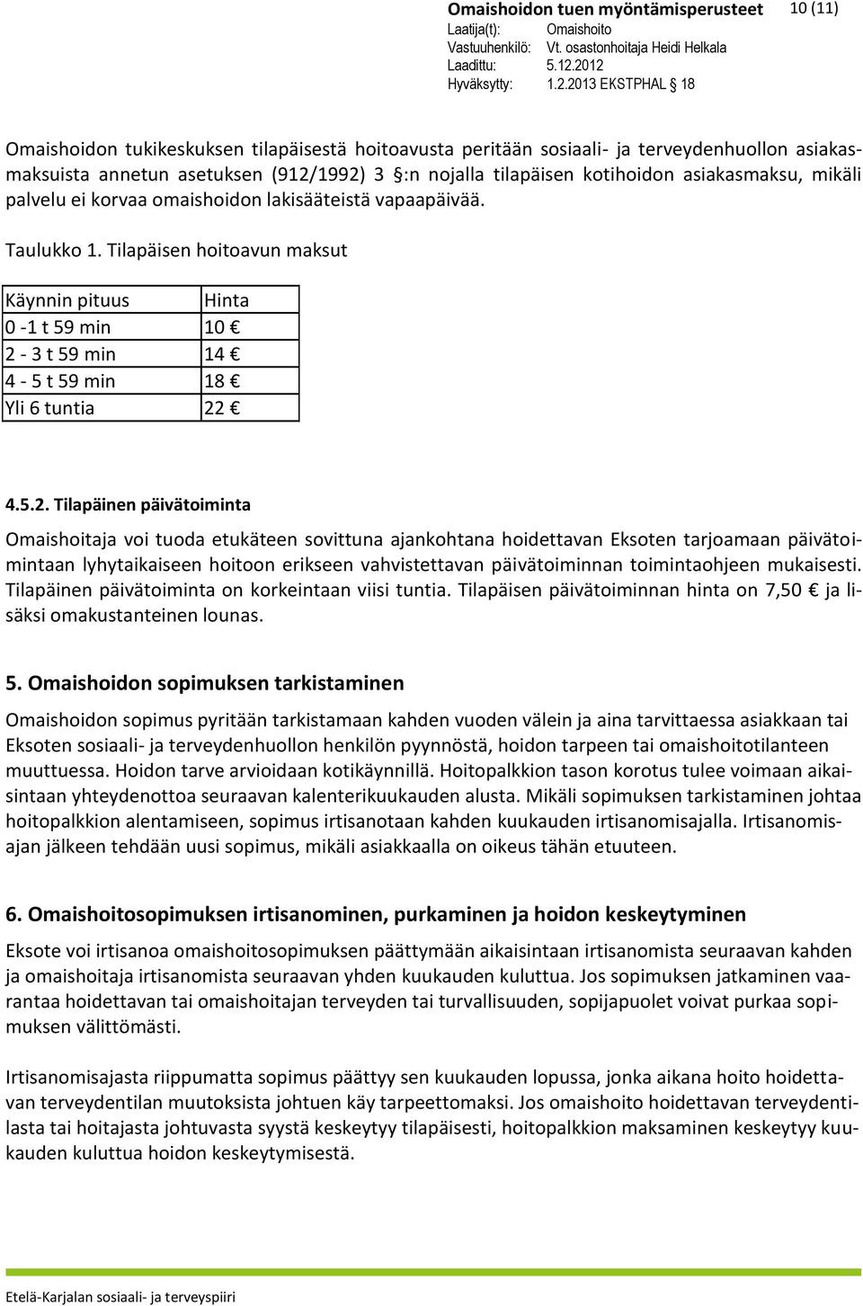 Tilapäisen hoitoavun maksut Käynnin pituus Hinta 0-1 t 59 min 10 2-