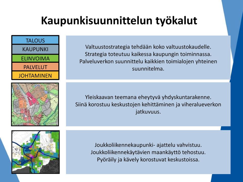 Palveluverkon suunnittelu kaikkien toimialojen yhteinen suunnitelma. Yleiskaavan teemana eheytyvä yhdyskuntarakenne.