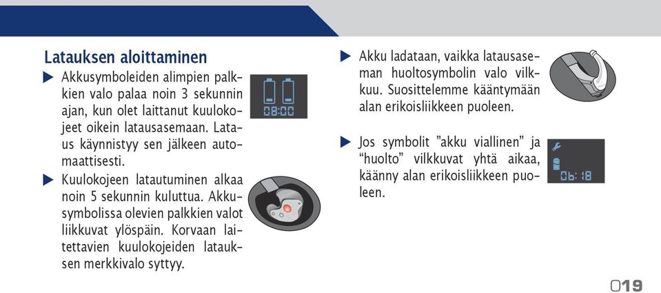 Akkusymbolissa olevien palkkien valot liikkuvat ylöspäin. Korvaan laitettavien kuulokojeiden latauksen merkkivalo syttyy.