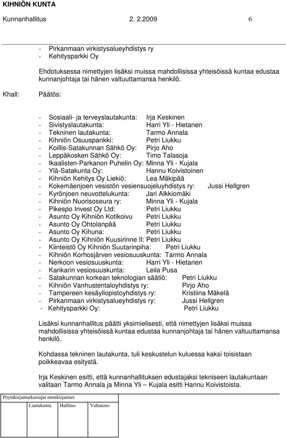 - Sosiaali- ja terveyslautakunta: Irja Keskinen - Sivistyslautakunta: Harri Yli - Hietanen - Tekninen lautakunta: Tarmo Annala - Kihniön Osuuspankki: Petri Liukku - Koillis-Satakunnan Sähkö Oy: Pirjo