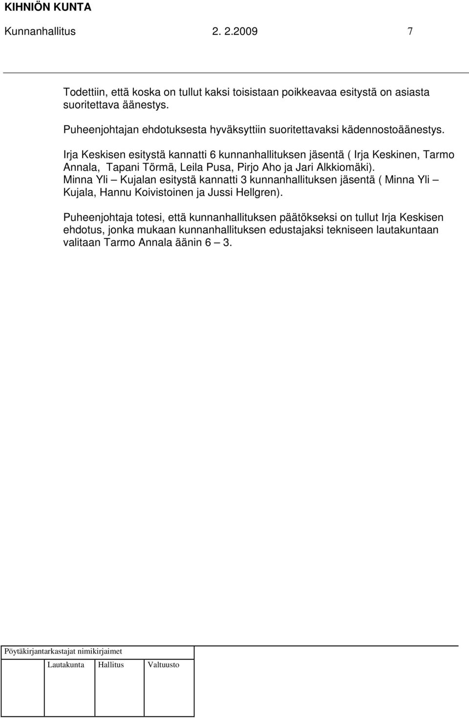 Irja Keskisen esitystä kannatti 6 kunnanhallituksen jäsentä ( Irja Keskinen, Tarmo Annala, Tapani Törmä, Leila Pusa, Pirjo Aho ja Jari Alkkiomäki).