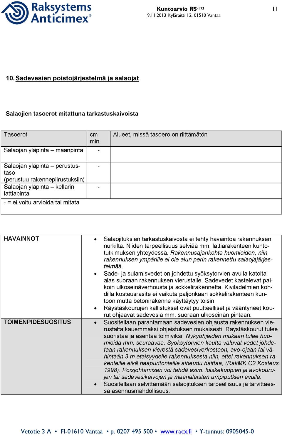 perustustaso (perustuu rakennepiirustuksiin) Salaojan yläpinta kellarin lattiapinta - = ei voitu arvioida tai mitata - - HAVAINNOT Salaojituksien tarkastuskaivosta ei tehty havaintoa rakennuksen