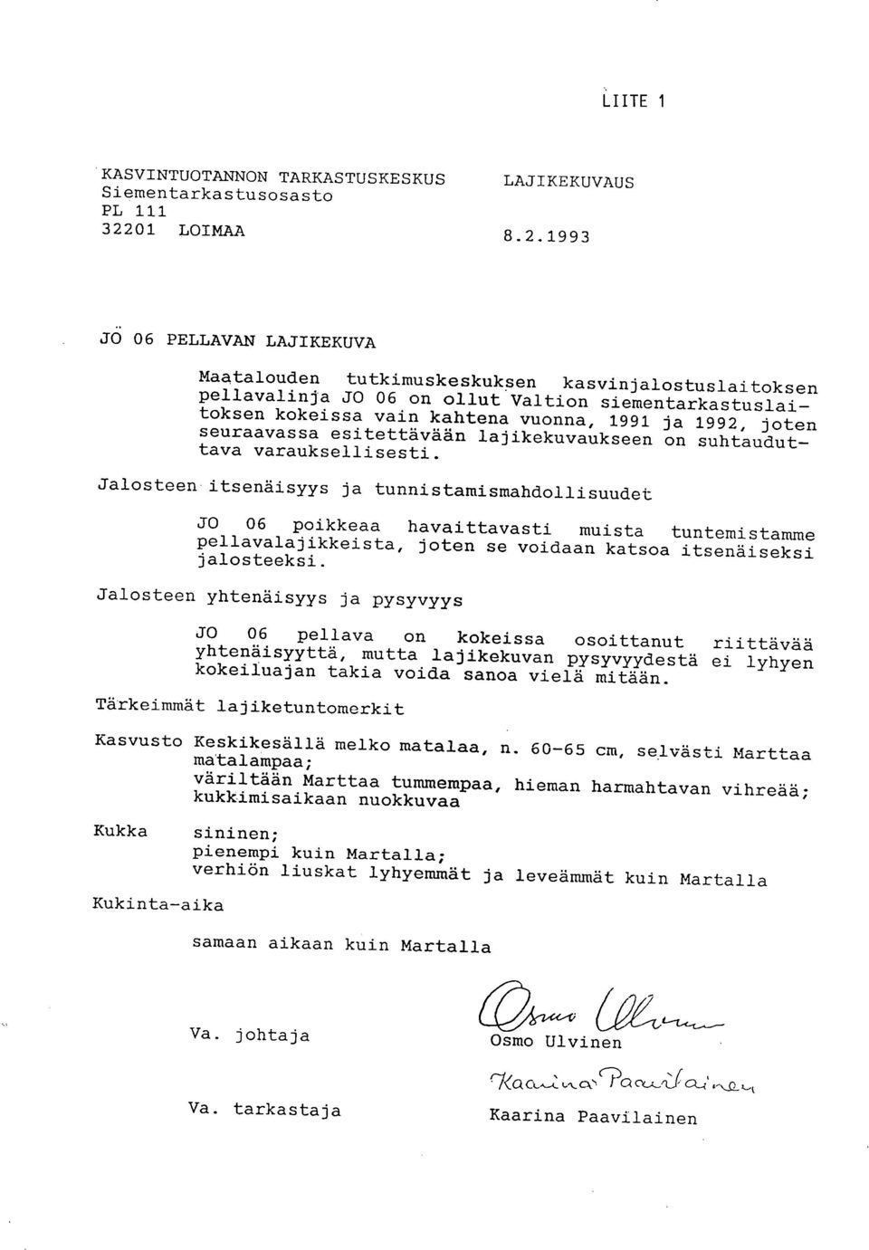 1993 JO 06 PELLAVAN LAJIKEKUVA Maatalouden tutkimuskeskuksen kasvinjalostuslaitoksen pellavalinja JO 06 on ollut Valtion siementarkastuslaitoksen kokeissa vain kahtena vuonna, 1991 ja 1992, joten