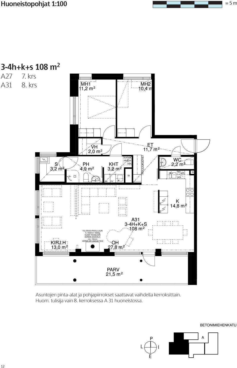 WC 2,2 m 2 15 K JK K 14,8 m 2 P KRJ.H 13,0 m 2 TT PU-UR h=1620mm 1800kg HUOM! TUOR HORMN ÄHK. min.