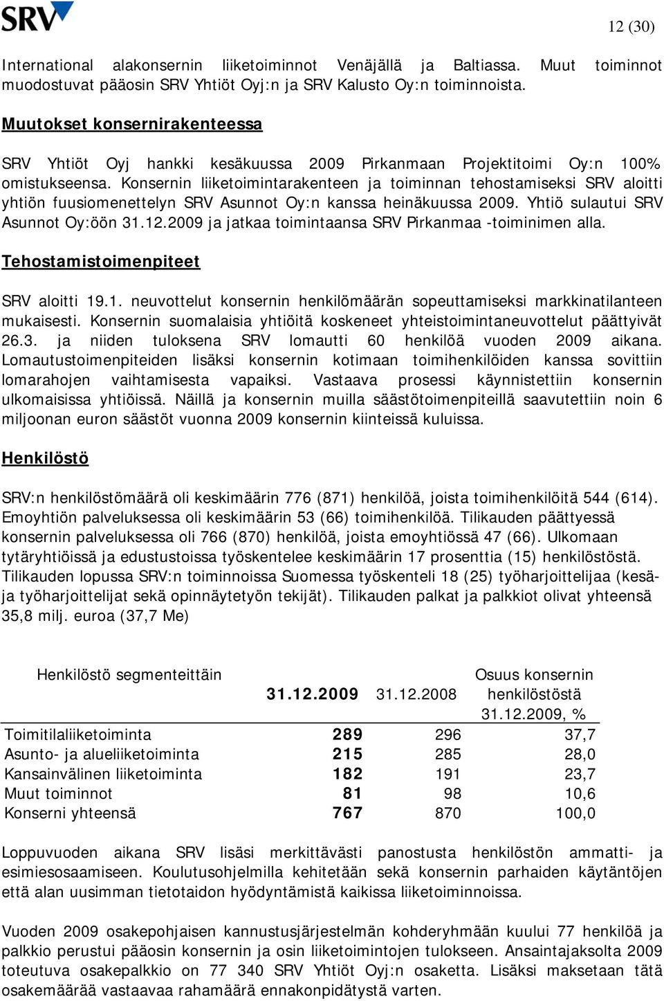 Konsernin liiketoimintarakenteen ja toiminnan tehostamiseksi SRV aloitti yhtiön fuusiomenettelyn SRV Asunnot Oy:n kanssa heinäkuussa. Yhtiö sulautui SRV Asunnot Oy:öön 31.12.