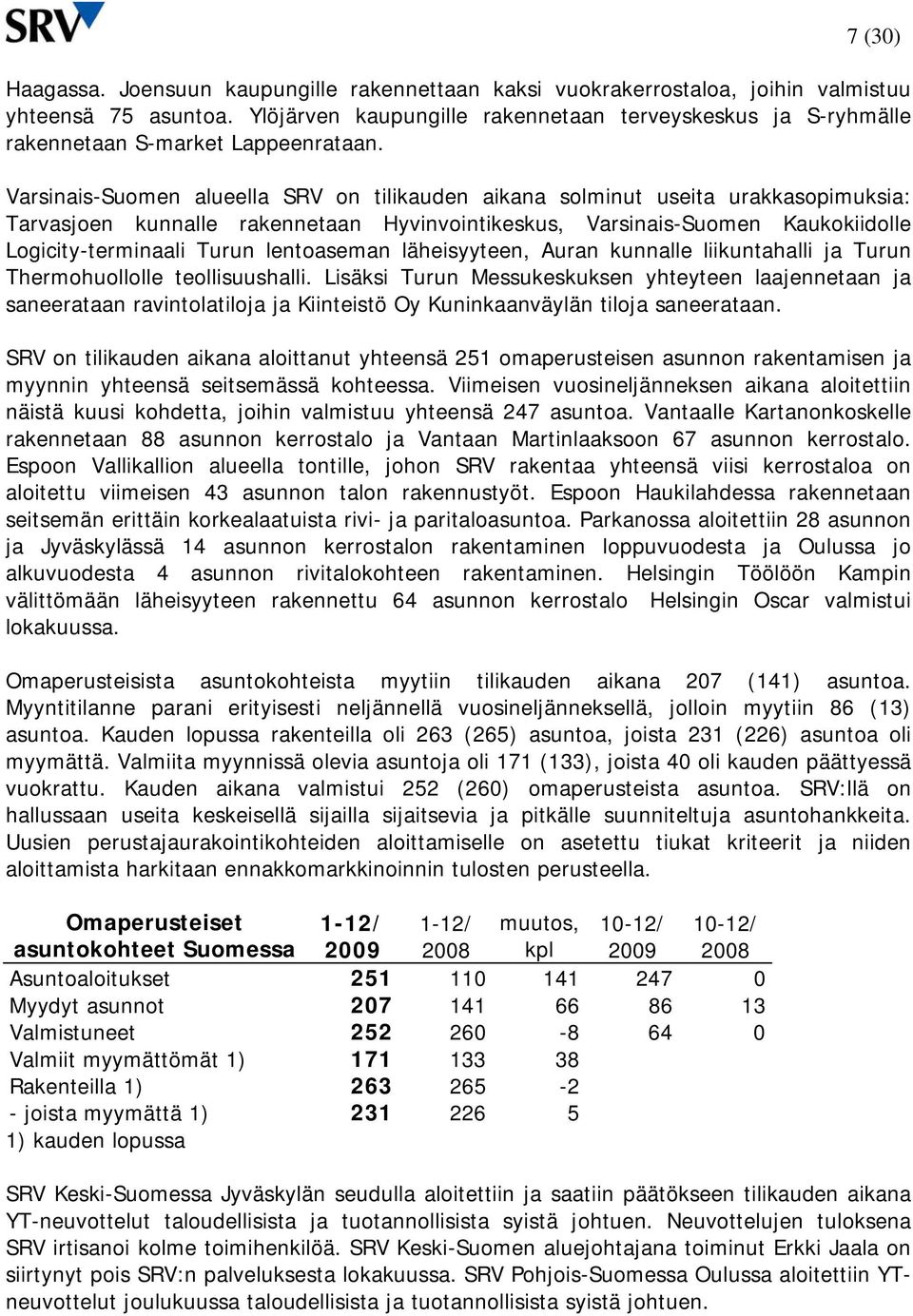 Varsinais-Suomen alueella SRV on tilikauden aikana solminut useita urakkasopimuksia: Tarvasjoen kunnalle rakennetaan Hyvinvointikeskus, Varsinais-Suomen Kaukokiidolle Logicity-terminaali Turun