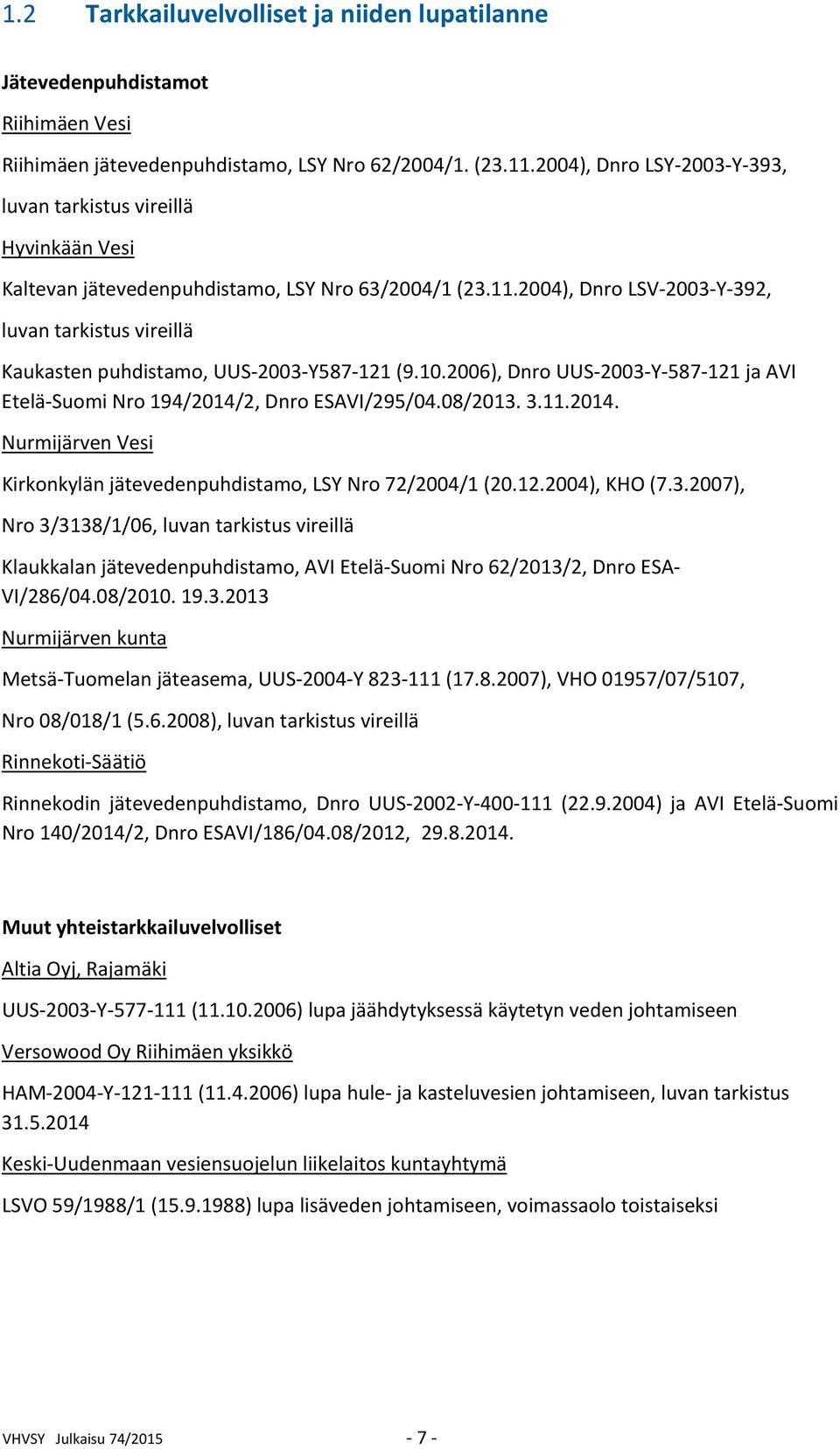 2004), Dnro LSV 2003 Y 392, luvan tarkistus vireillä Kaukasten puhdistamo, UUS 2003 Y587 121 (9.10.2006), Dnro UUS 2003 Y 587 121 ja AVI Etelä Suomi Nro 194/2014/2, Dnro ESAVI/295/04.08/2013. 3.11.