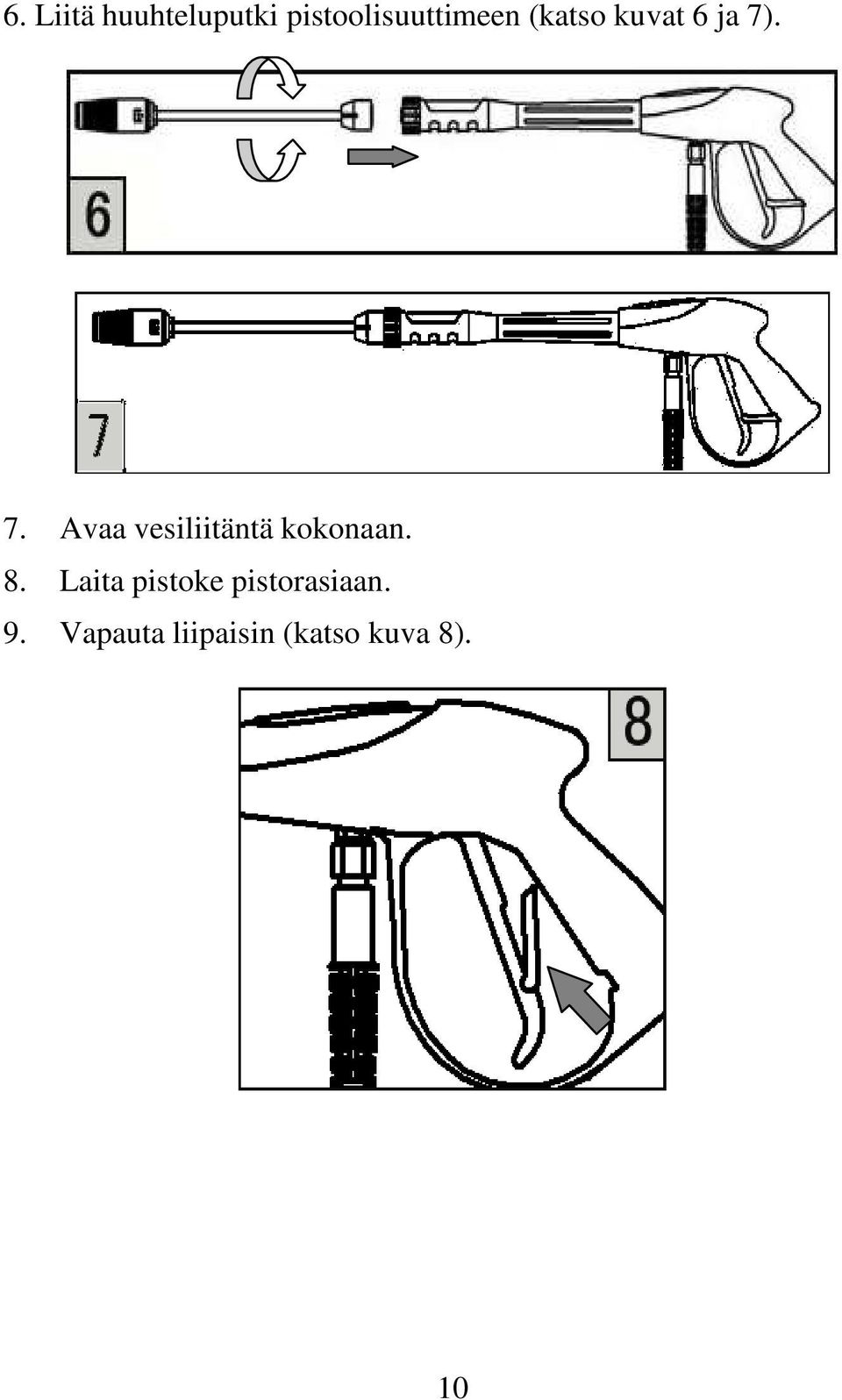 . 7. Avaa vesiliitäntä kokonaan. 8.