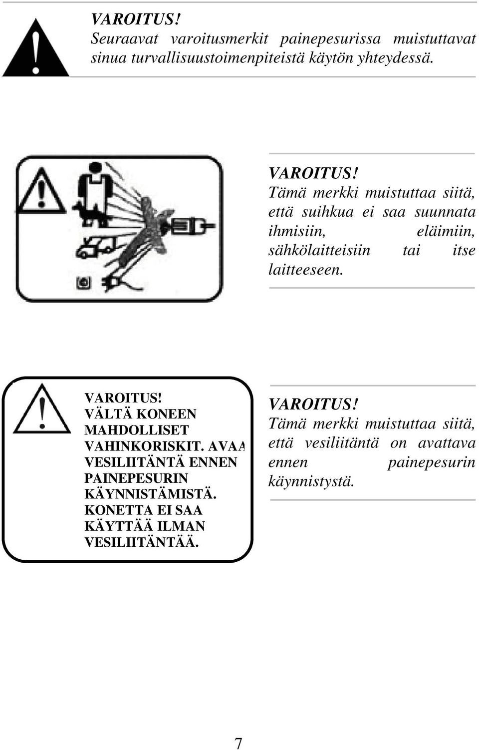 VAROITUS! VÄLTÄ KONEEN MAHDOLLISET VAHINKORISKIT. AVAA VESILIITÄNTÄ ENNEN PAINEPESURIN KÄYNNISTÄMISTÄ.