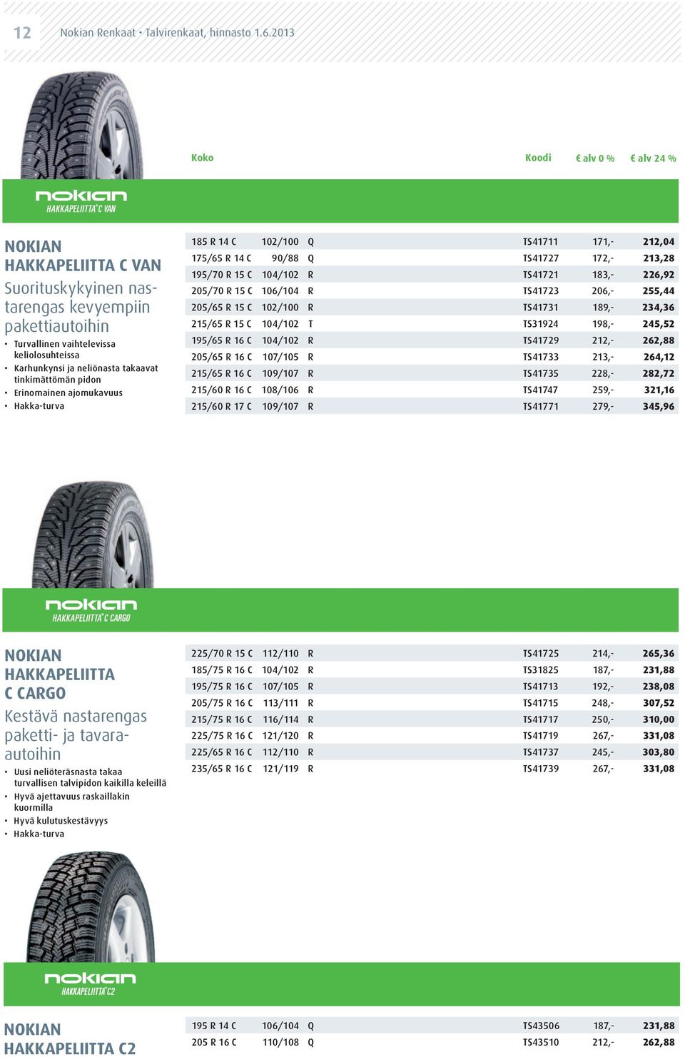 tinkimättömän pidon Erinomainen ajomukavuus 185 R 14 C 102/100 Q TS41711 171,- 212,04 175/65 R 14 C 90/88 Q TS41727 172,- 213,28 195/70 R 15 C 104/102 R TS41721 183,- 226,92 205/70 R 15 C 106/104 R