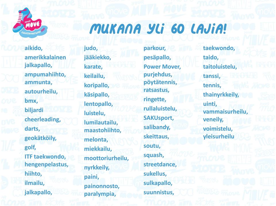 jalkapallo, judo, jääkiekko, karate, keilailu, koripallo, käsipallo, lentopallo, luistelu, lumilautailu, maastohiihto, melonta, miekkailu, moottoriurheilu, nyrkkeily, paini,