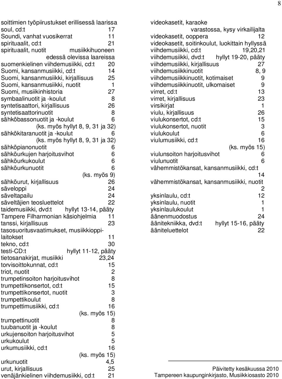 kirjallisuus 26 syntetisaattorinuotit 8 sähköbassonuotit ja -koulut 6 (ks. myös hyllyt 8, 9, 31 ja 32) sähkökitaranuotit ja -koulut 6 (ks.