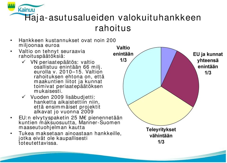 Vuoden 2009 lisäbudjetti: hanketta aikaistettiin niin, että ensimmäiset projektit alkavat jo vuonna 2009 EU:n elvytyspaketin 25 M pienennetään kuntien maksuosuutta,