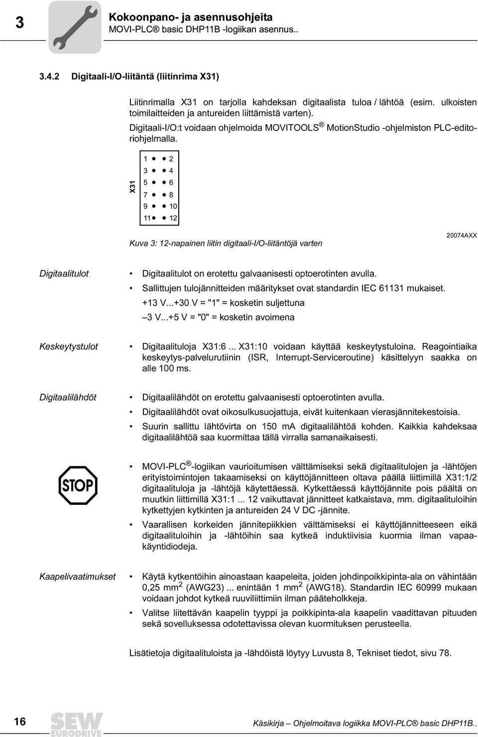 X 5 7 9 2 4 6 8 2 Kuva : 2-napainen liitin digitaali-i/o-liitäntöjä varten 274AXX Digitaalitulot Digitaalitulot on erotettu galvaanisesti optoerotinten avulla.