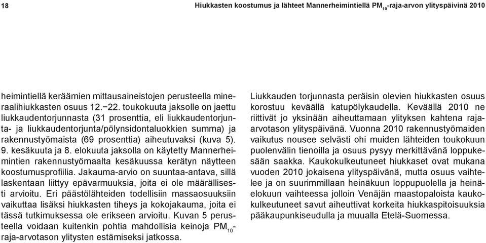 5). 9. kesäkuuta ja 8. elokuuta jaksolla on käytetty Mannerheimintien rakennustyömaalta kesäkuussa kerätyn näytteen koostumusprofiilia.