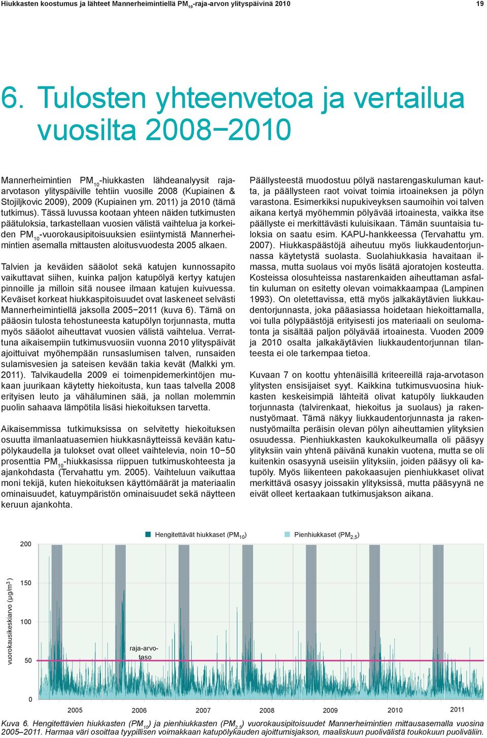 Tässä luvussa kootaan yhteen näiden tutkimusten päätuloksia, tarkastellaan vuosien välistä vaihtelua ja korkeiden PM 10 -vuorokausipitoisuuksien esiintymistä Mannerheimintien asemalla mittausten