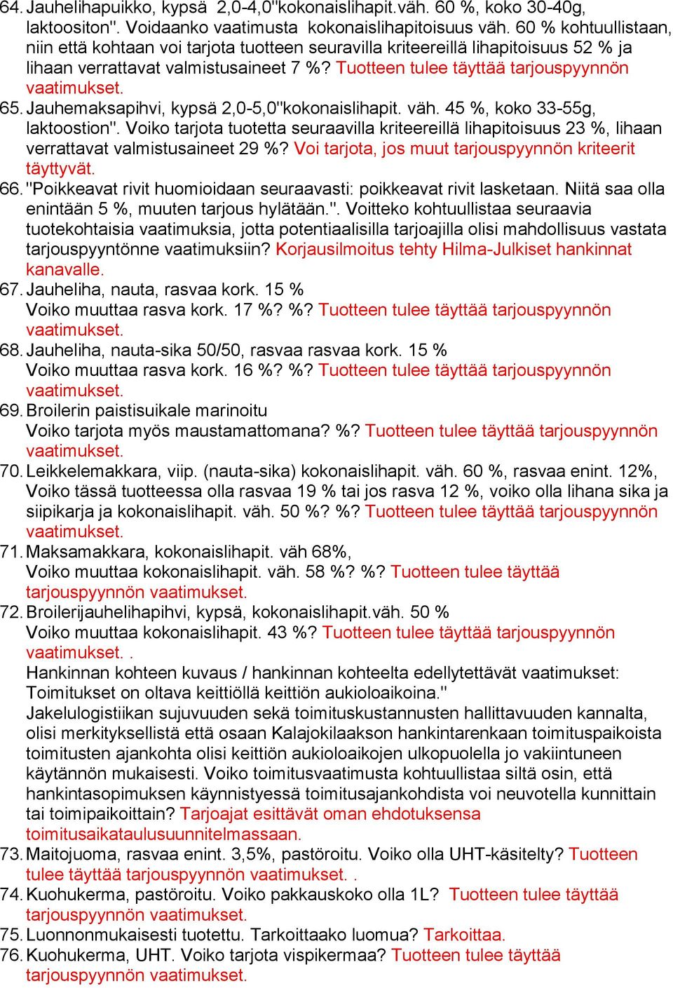 Jauhemaksapihvi, kypsä 2,0-5,0"kokonaislihapit. väh. 45 %, koko 33-55g, laktoostion". Voiko tarjota tuotetta seuraavilla kriteereillä lihapitoisuus 23 %, lihaan verrattavat valmistusaineet 29 %?