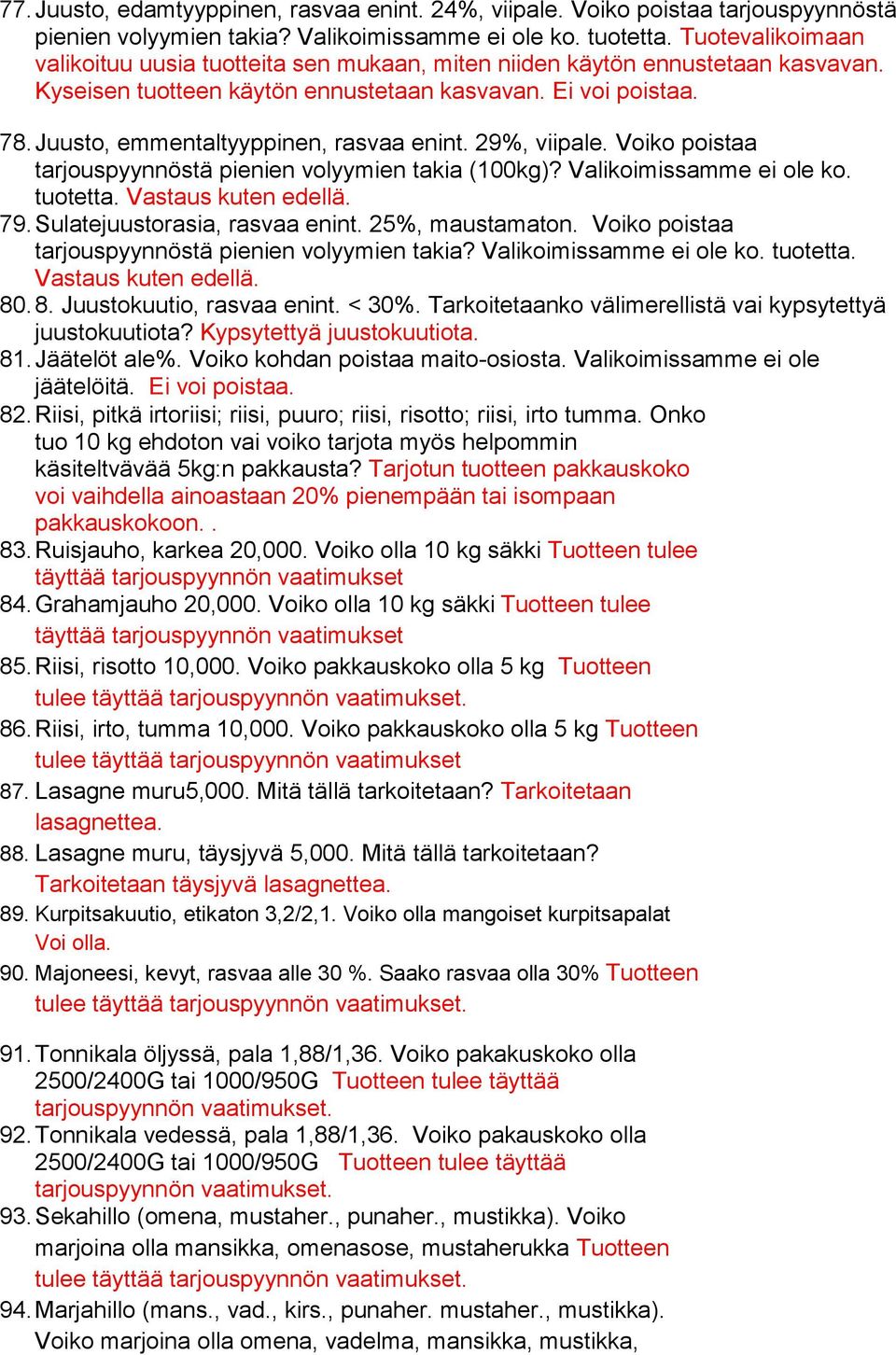 Juusto, emmentaltyyppinen, rasvaa enint. 29%, viipale. Voiko poistaa tarjouspyynnöstä pienien volyymien takia (100kg)? Valikoimissamme ei ole ko. tuotetta. Vastaus kuten edellä. 79.