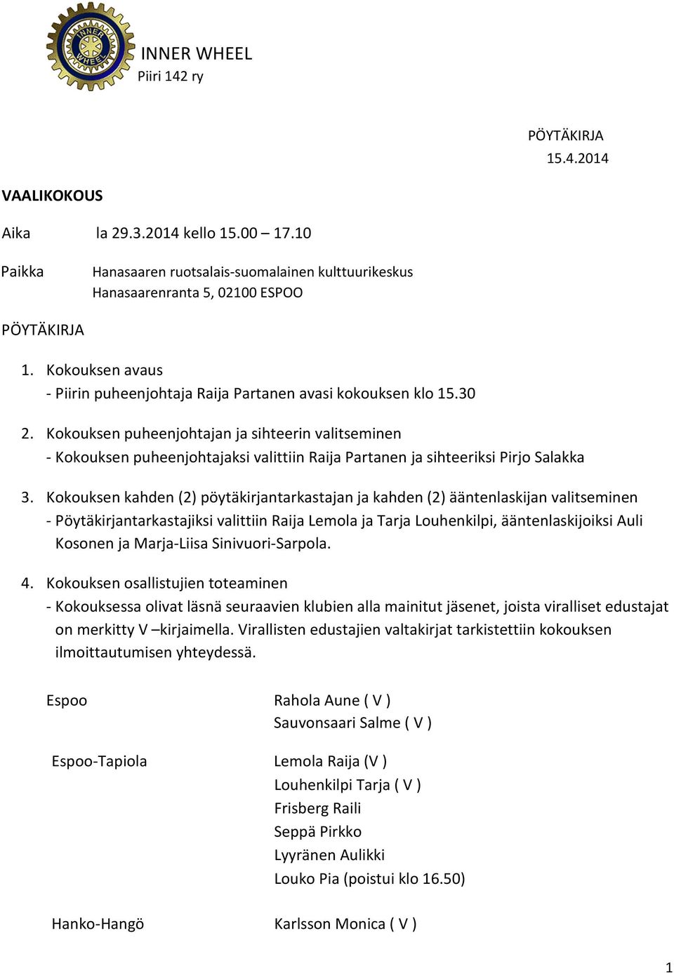 Kokouksen puheenjohtajan ja sihteerin valitseminen - Kokouksen puheenjohtajaksi valittiin Raija Partanen ja sihteeriksi Pirjo Salakka 3.