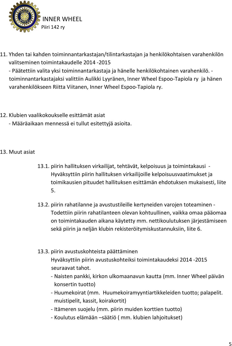 Klubien vaalikokoukselle esittämät asiat - Määräaikaan mennessä ei tullut esitettyjä asioita. 13